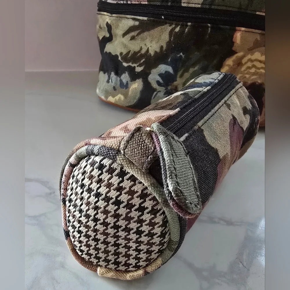 Vtg Avon Autumn Rose Floral‎ Houndstooth Canvas Bamboo Makeup Bag Accessory Set